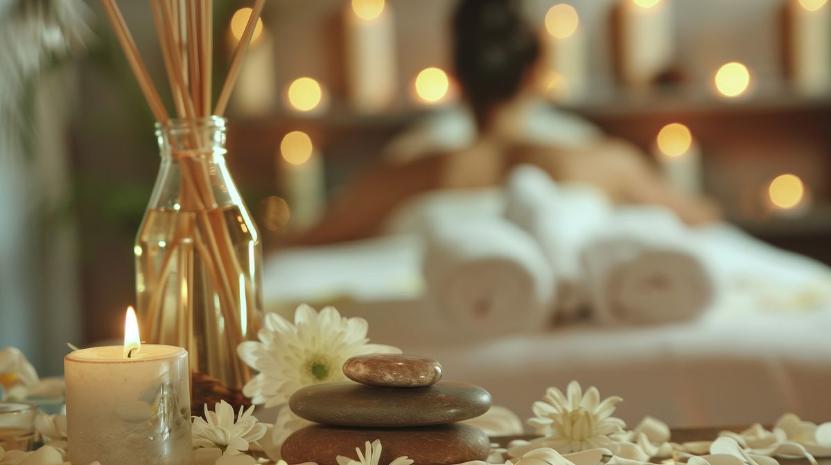 Bougie, serviette dans une salle de massage